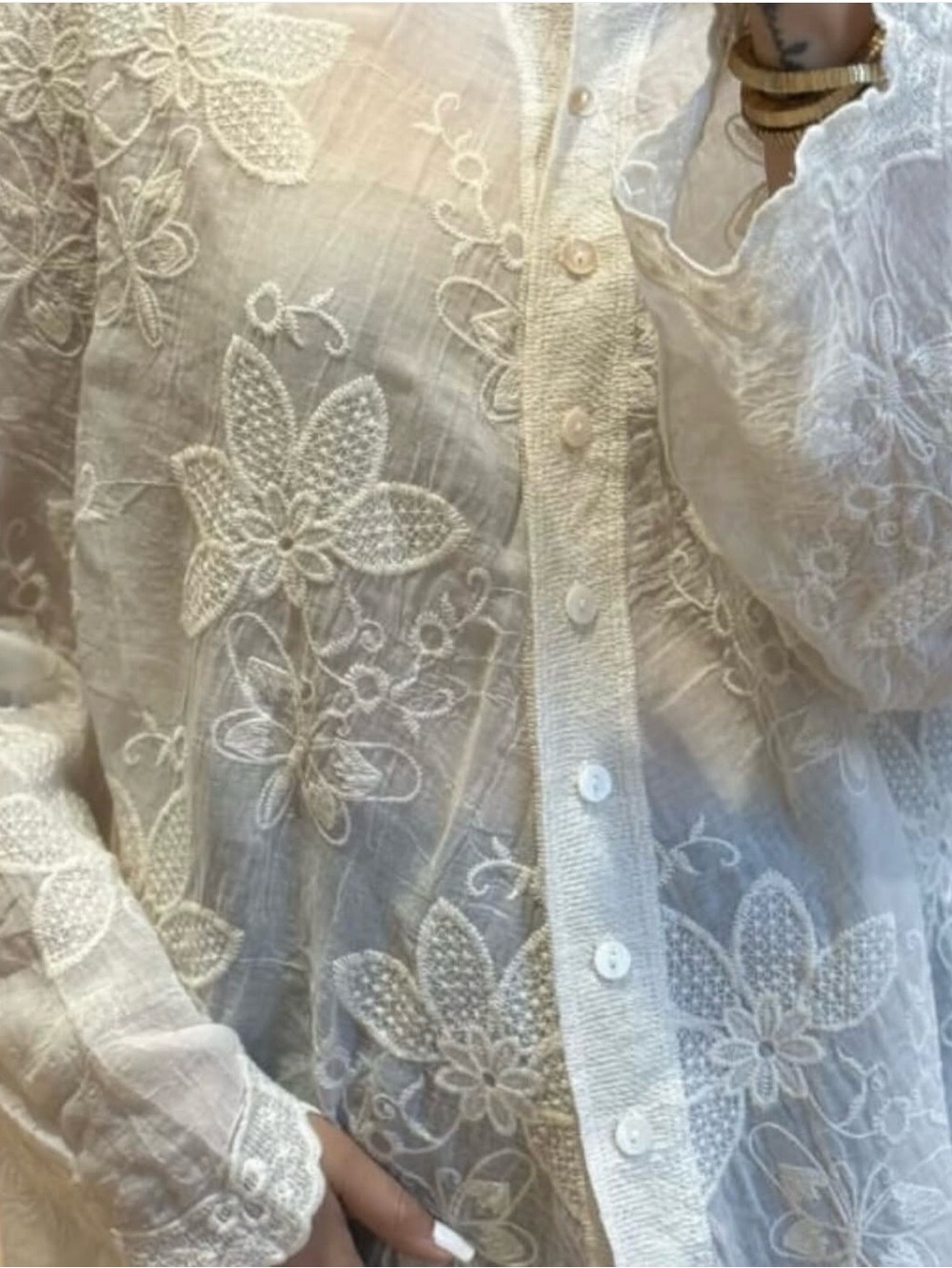 Cream Embroidered Button-Down Shirt - Lightweight Women's Top